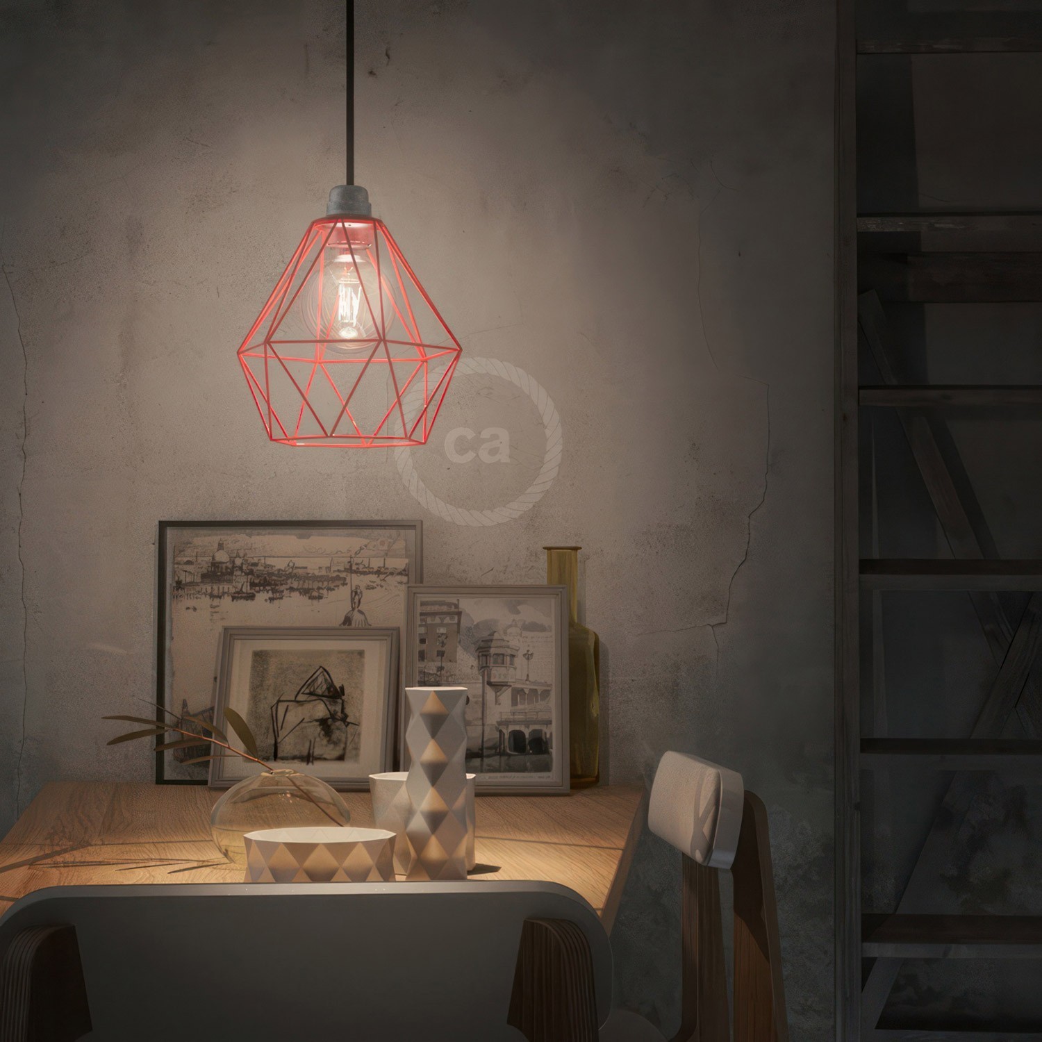 Pendant lamp with textile cable, Diamond cage lampshade and metal details - Made in Italy