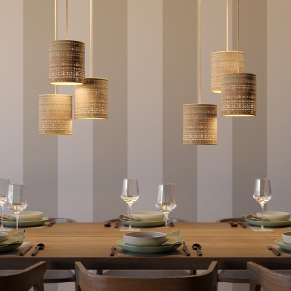 Pendant lamp with textile cable, raffia Cylinder lampshade and metal details - Made in Italy