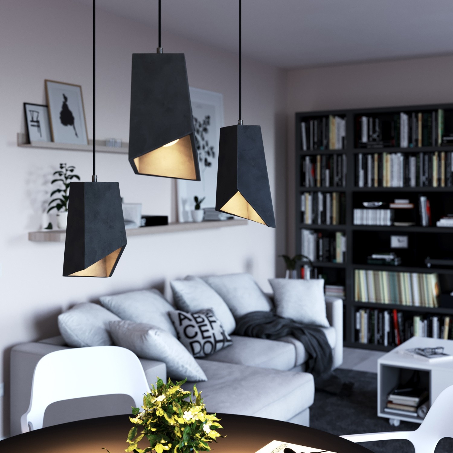 Pendant lamp with textile cable, Prisma cement lampshade and metal finishes - Made in Italy