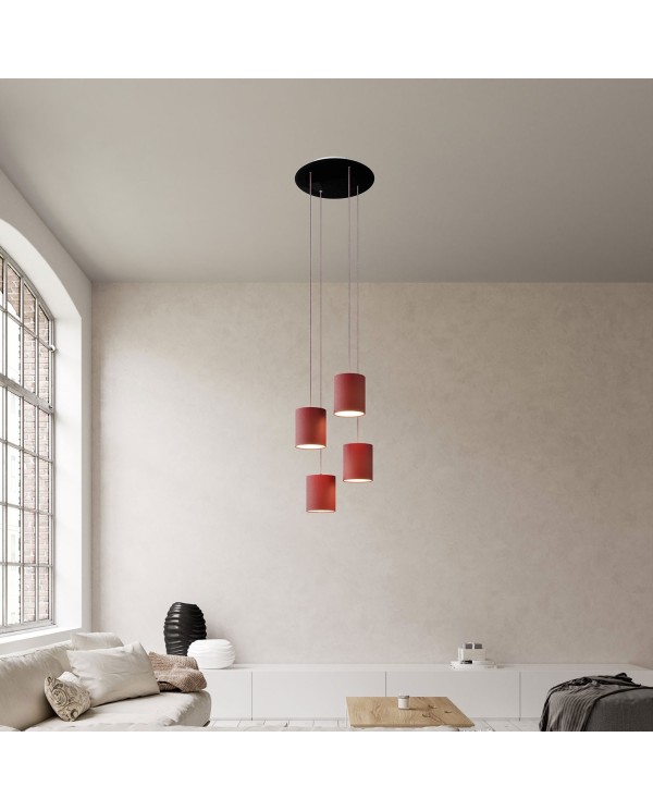 4-light pendant lamp with 400 mm round XXL Rose-One, featuring fabric cable and fabric Cylinder lampshade