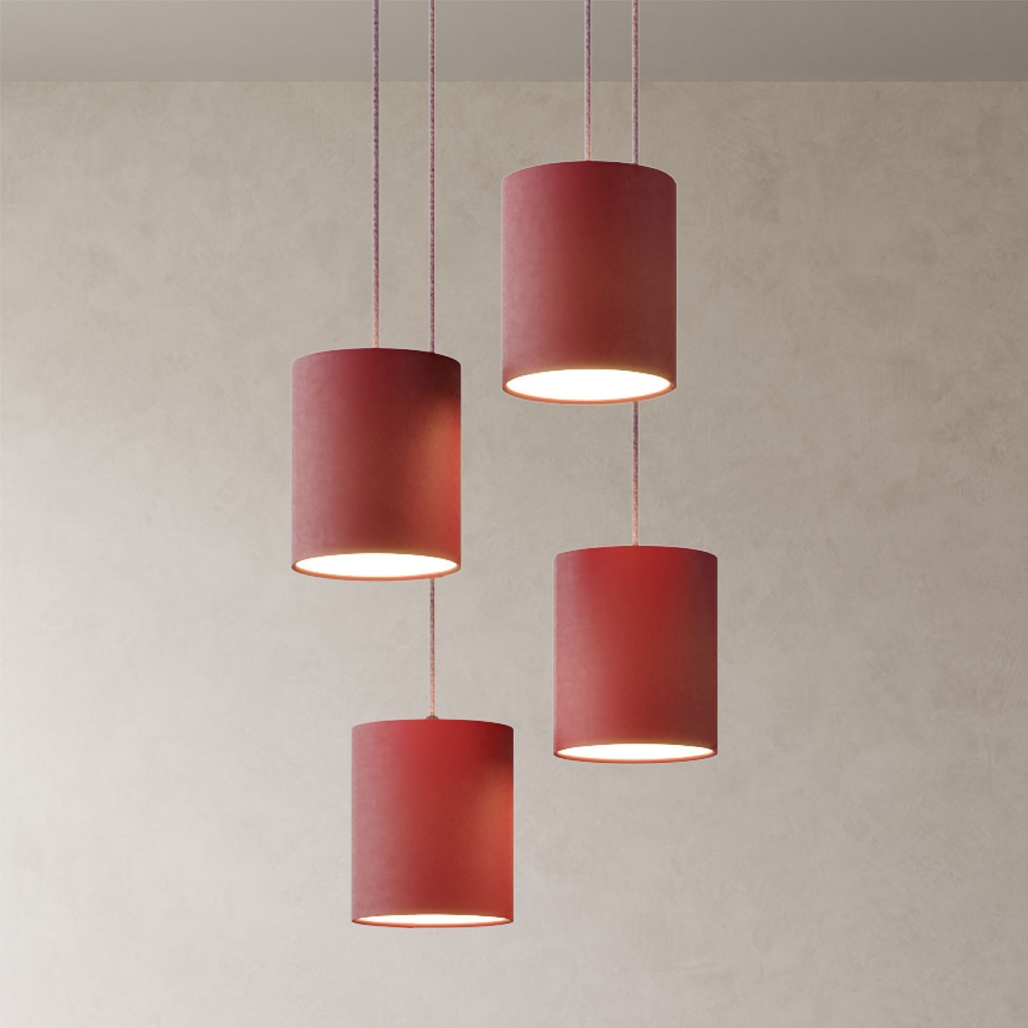 4-light pendant lamp with 400 mm round XXL Rose-One, featuring fabric cable and fabric Cylinder lampshade