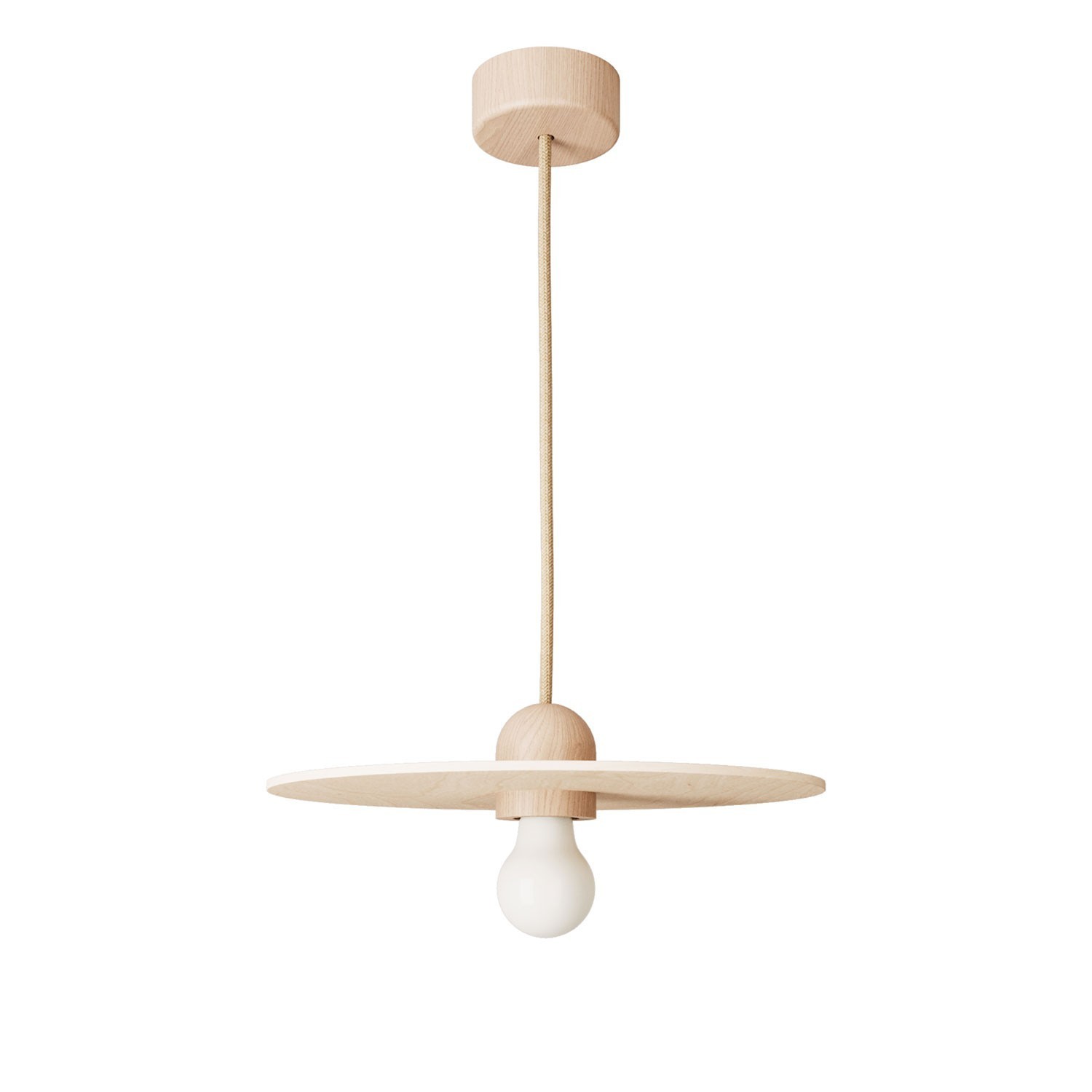 Wood suspension lamp with fabric cable and UFO lampshade