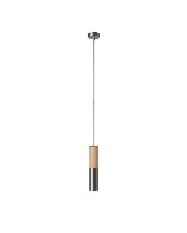 Pendant lamp complete with textile cable and double Tub-E14 wood and metal shade - Made in Italy