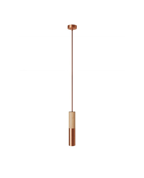 Pendant lamp complete with textile cable and double Tub-E14 wood and metal shade - Made in Italy