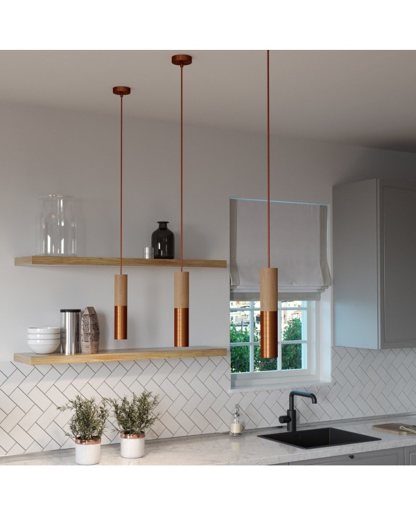 Pendant lamp complete with textile cable and double Tub-E14 wood and metal shade - Made in Italy