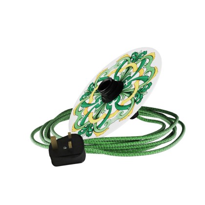 Snake Eiva with mini Ellepì 'Maioliche' Flat Lampshade, portable lamp for outdoors, with IP65 waterproof lampholder and plug - Majolica Yellow - Green