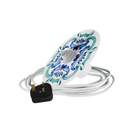 Snake Eiva with mini Ellepì 'Maioliche' Flat Lampshade, portable lamp for outdoors, with IP65 waterproof lampholder and plug - Majolica Blue