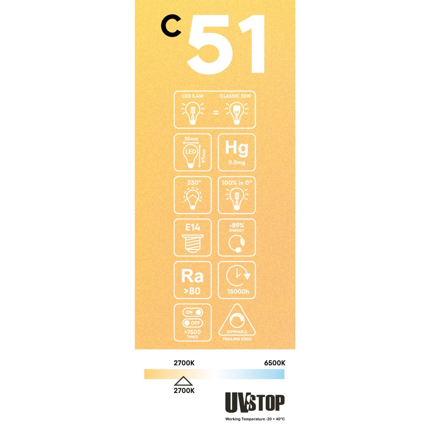 LED Golden Light Bulb Carbon Line Filament Cage Candle C35 3,5W 300Lm E14 2700K Dimmable - C51