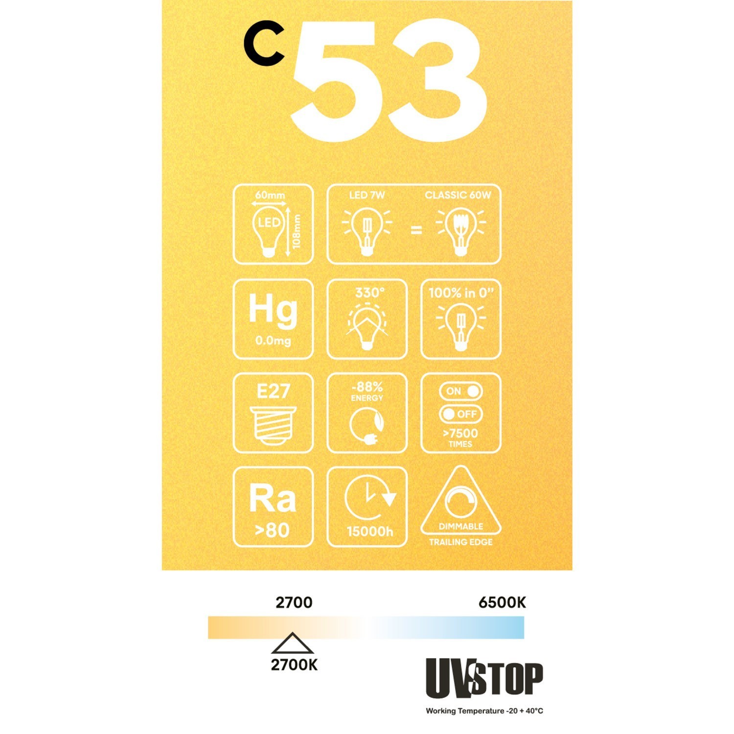 LED Golden Light Bulb Carbon Line Filament Cage Drop A60 7W 640Lm E27 2700K Dimmable - C53