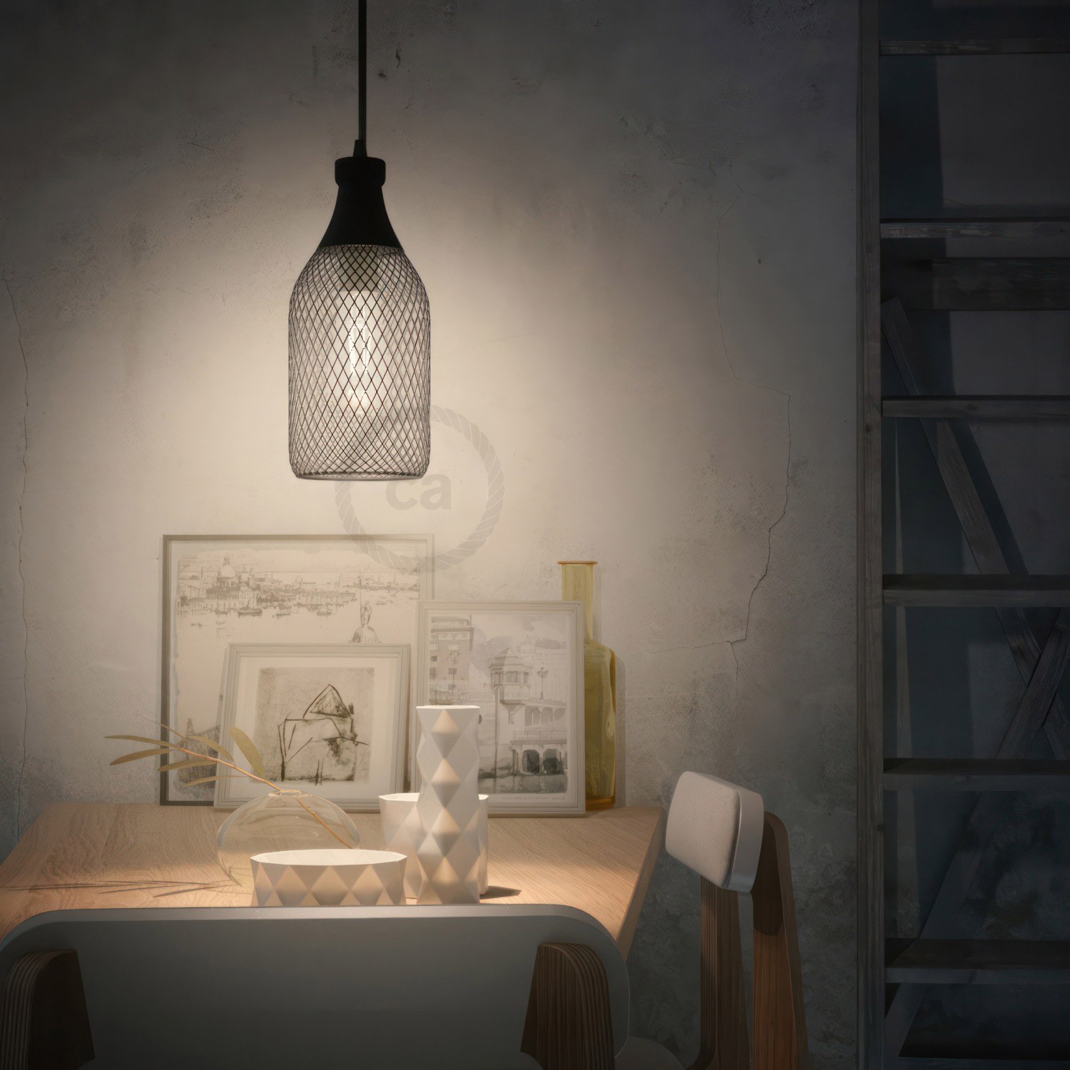 Pendant lamp with textile cable, Jéroboam bottle lampshade and metal details - Made in Italy - Bulb included