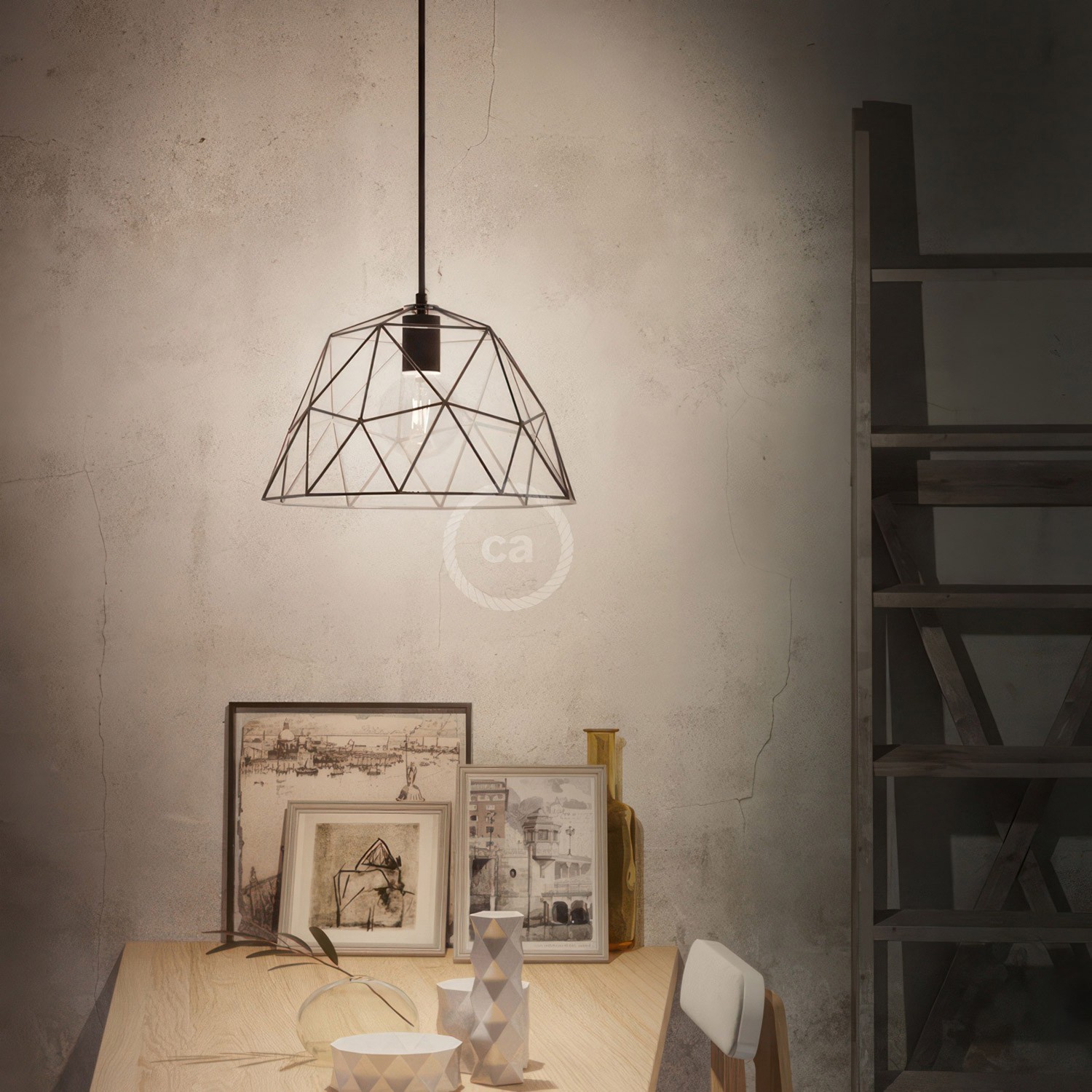 Pendant lamp with textile cable, Dome lampshade and metal details - Made in Italy - Bulb included