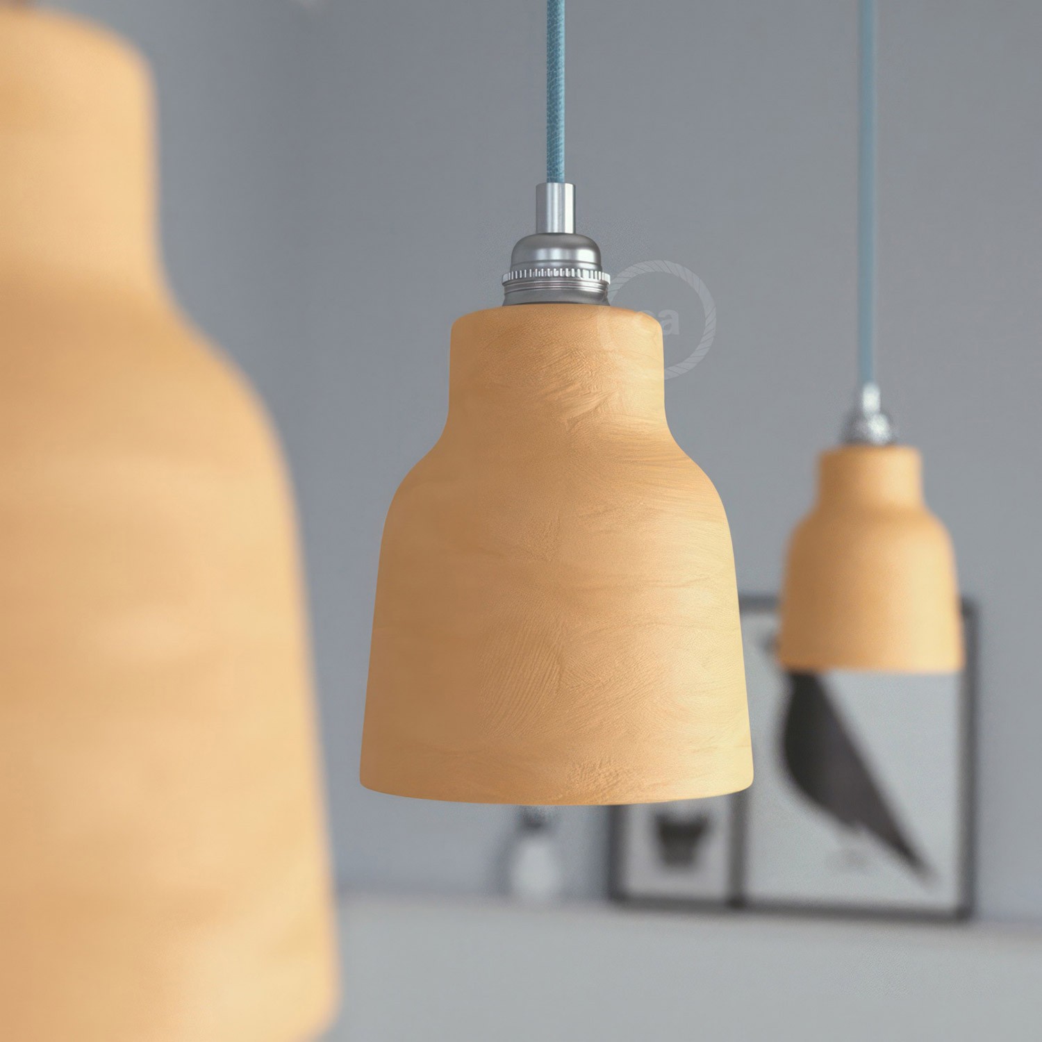 Pendant lamp with textile cable, Vase ceramic lampshade and metal details - Made in Italy - Bulb included