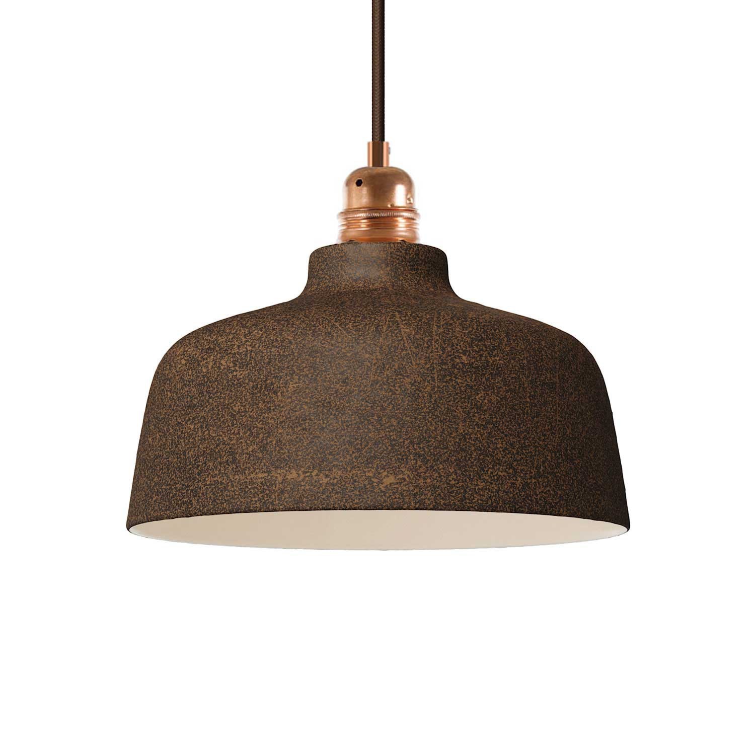 Pendant lamp with textile cable, Cup ceramic lampshade and metal details - Made in Italy - Bulb included