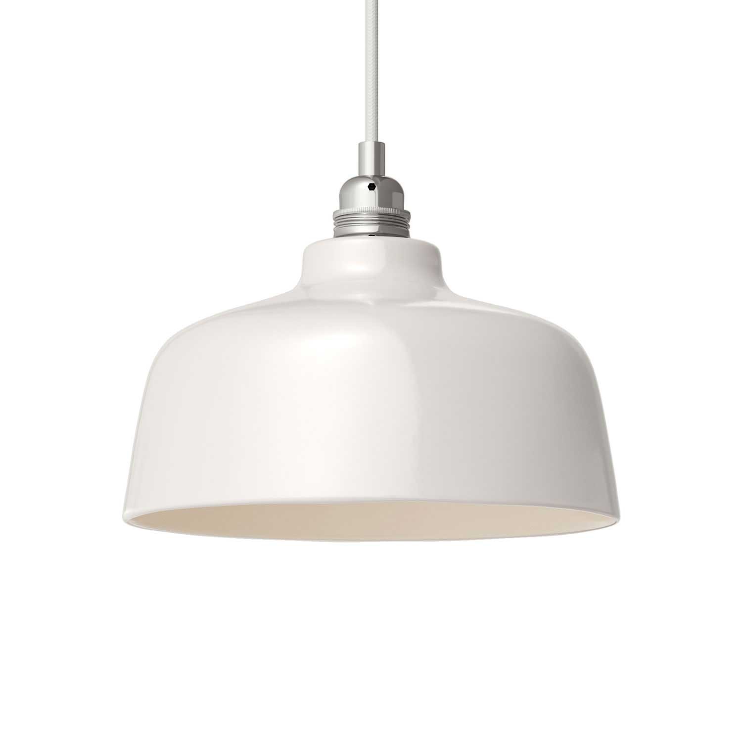 Pendant lamp with textile cable, Cup ceramic lampshade and metal details - Made in Italy - Bulb included