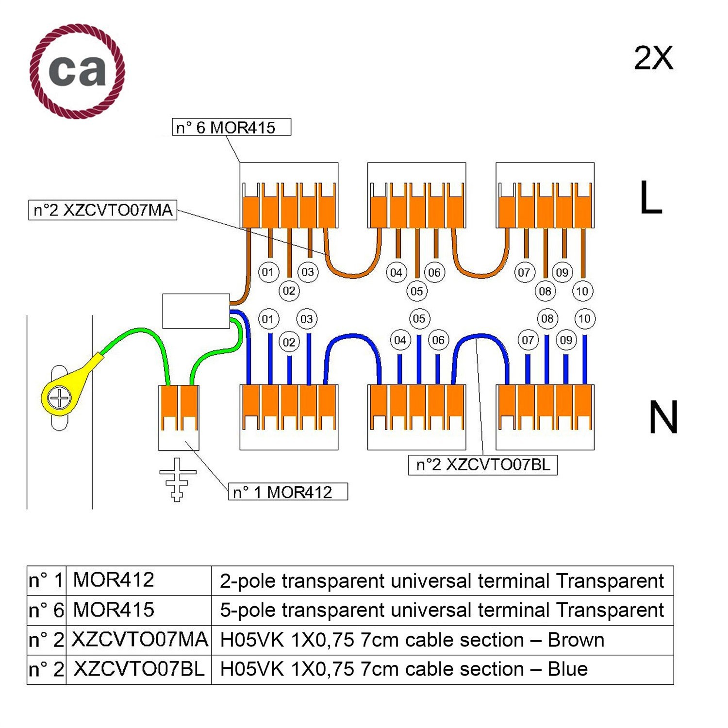 WAGO connector kit compatible with 2x cable for 10 hole ceiling rose