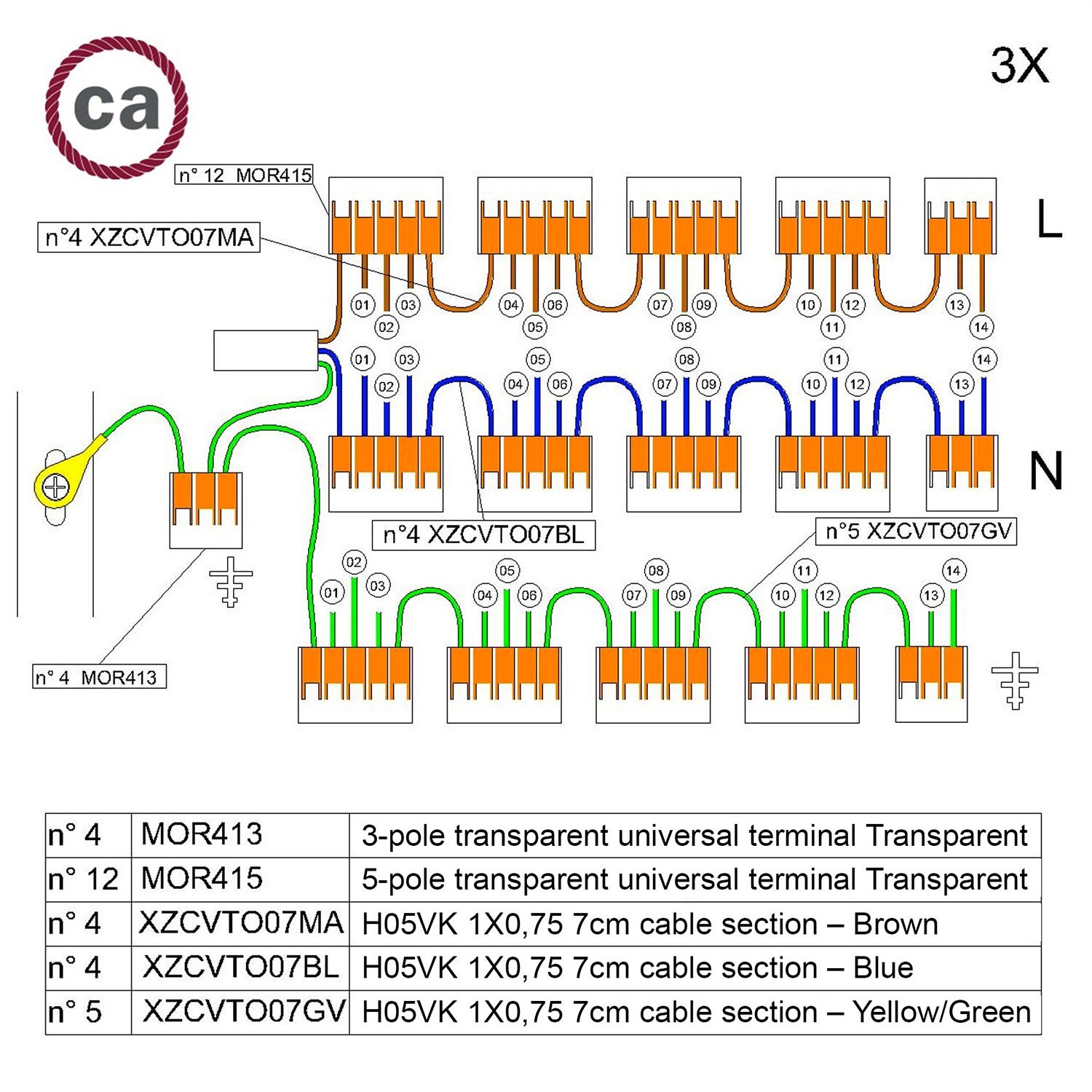 WAGO connector kit compatible with 3x cable for 14 hole ceiling rose