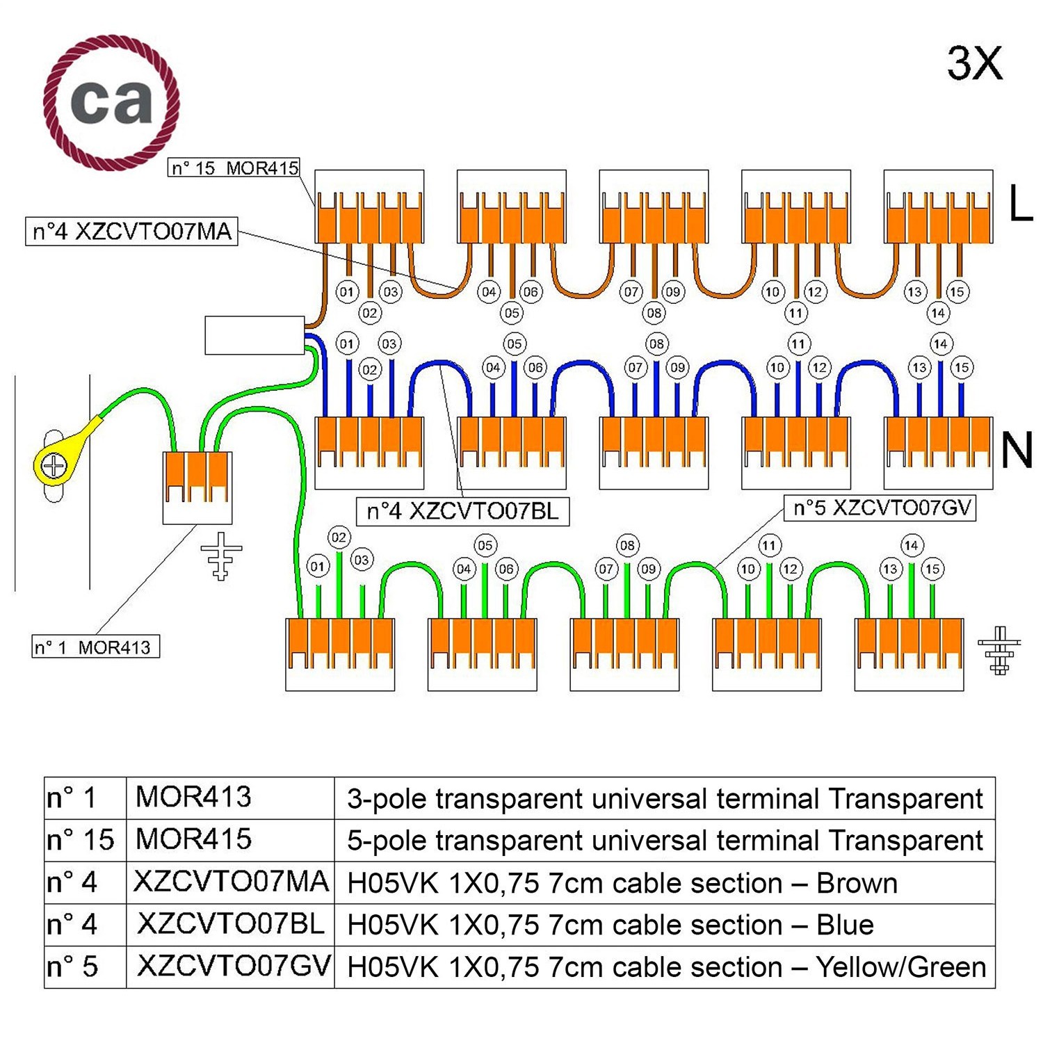 WAGO connector kit compatible with 3x cable for 15 hole ceiling rose