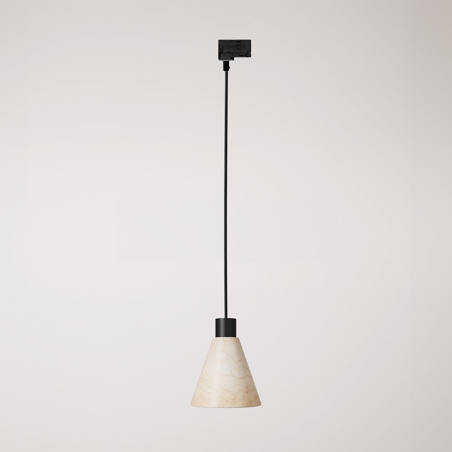 Track pendant lamp with conical wooden shade