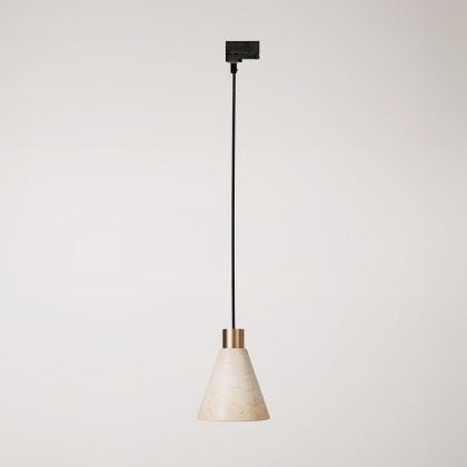 Track pendant lamp with conical wooden shade