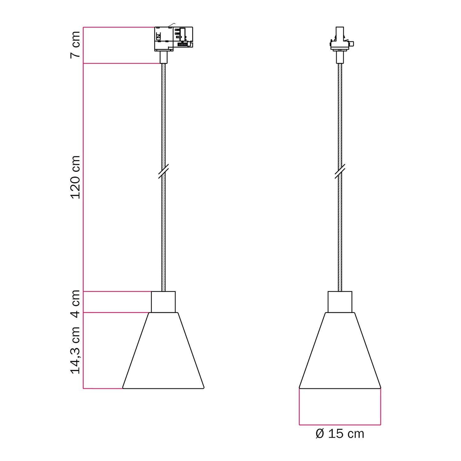 Track pendant lamp with conical wooden shade