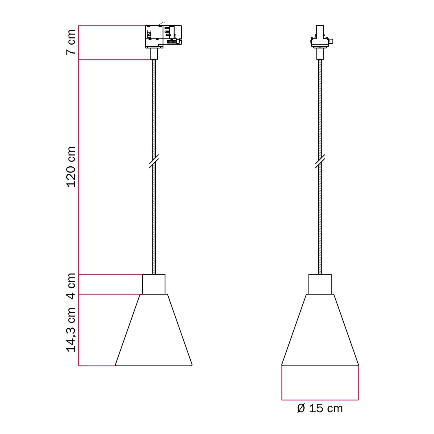 Track pendant lamp with conical wooden shade