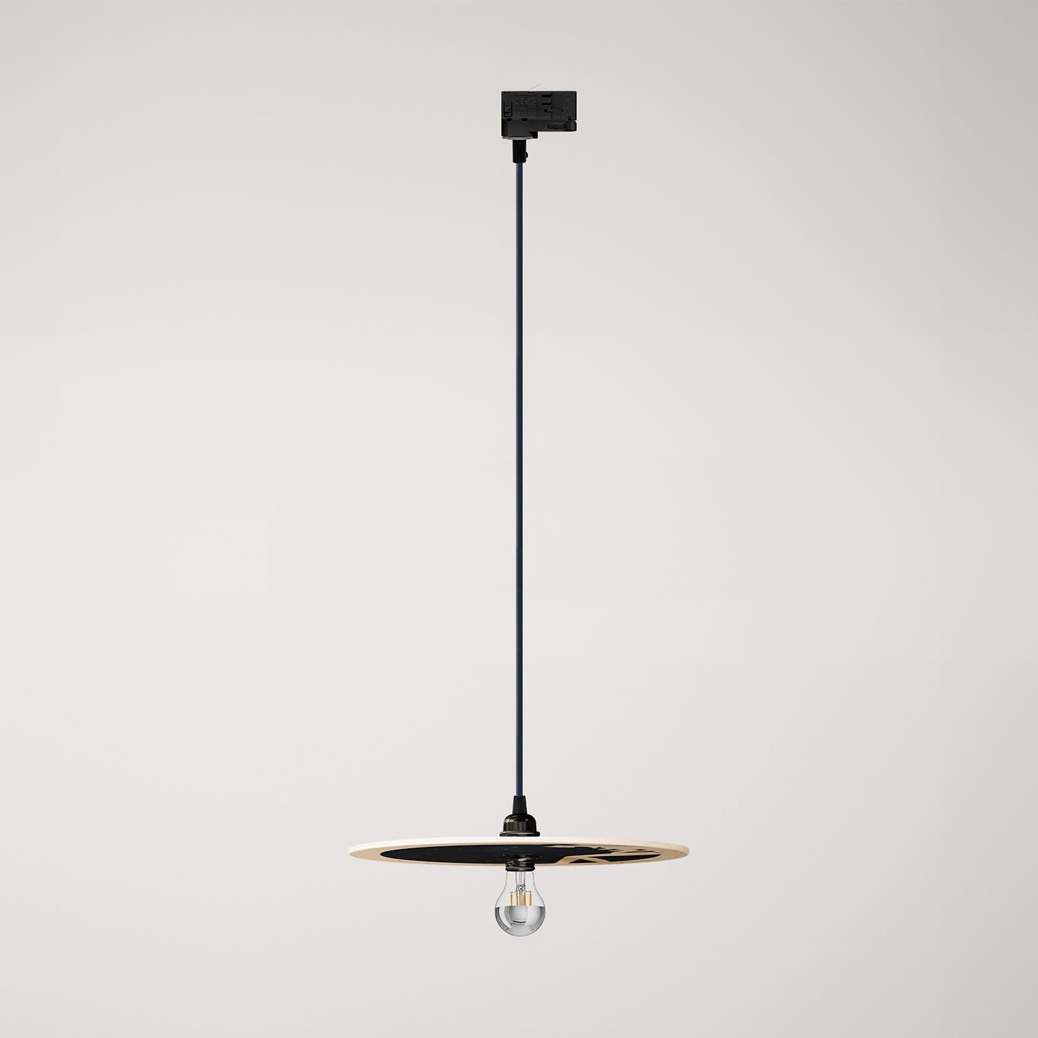 Track pendant lamp with UFO double-sided wooden shade