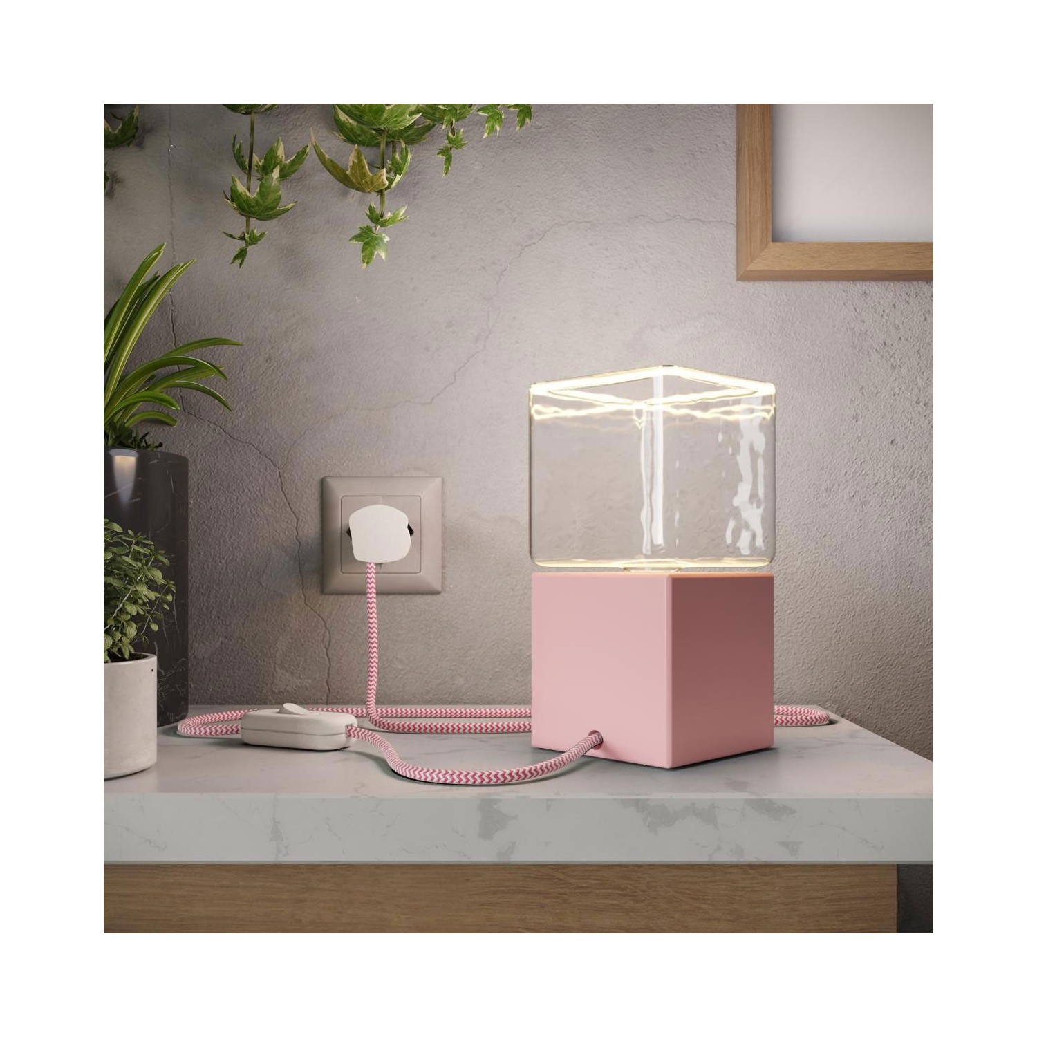 Posaluce Cubetto Color, painted wooden table lamp complete with textile cable, switch and UK plug